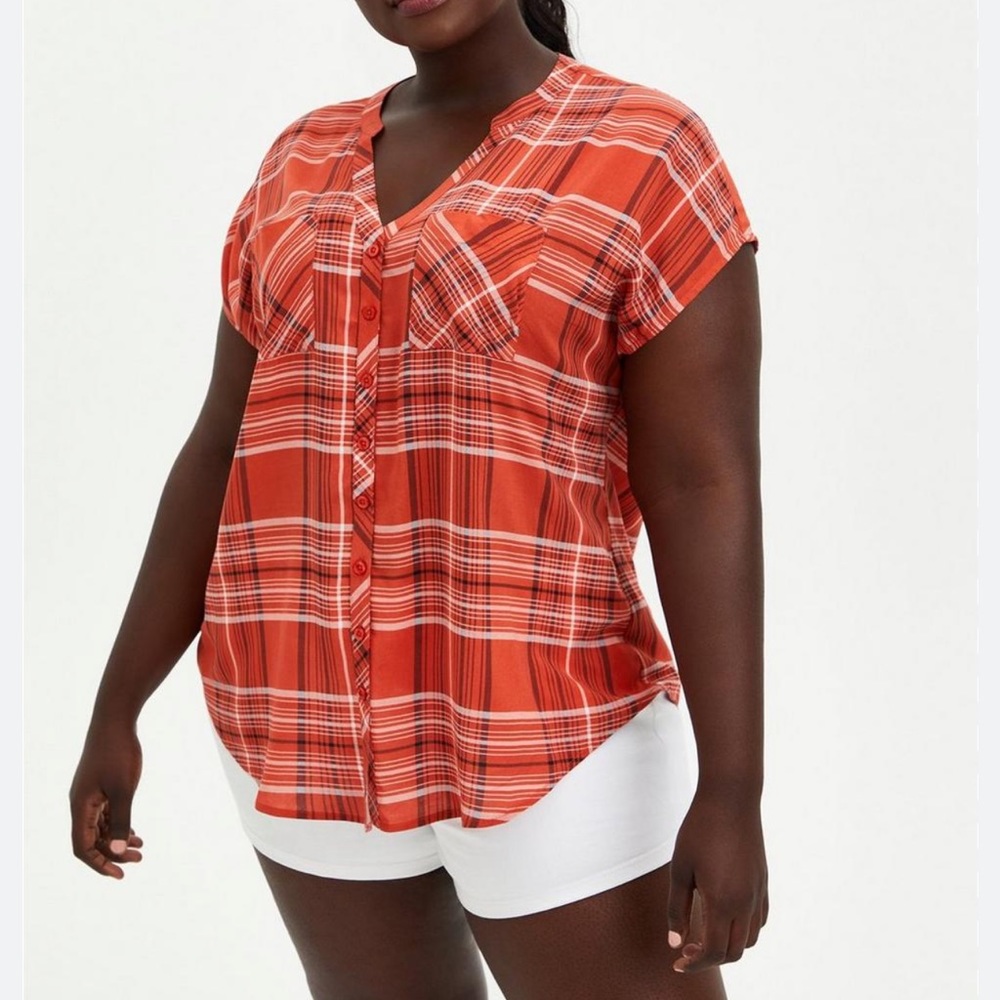 Torrid 3X Orange Plaid Button-Down Top